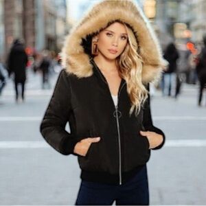 SHEIN Black Bomber Puffer Jacket with Faux Fur Hood Size Small S